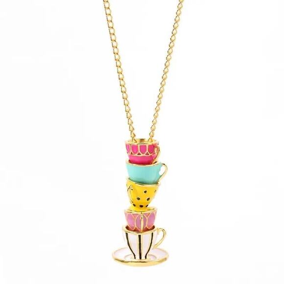 Multicolor Teacups & Saucers Necklace Drop Pendant Enameled Cups Gold Tone Chain - Picture 1 of 15